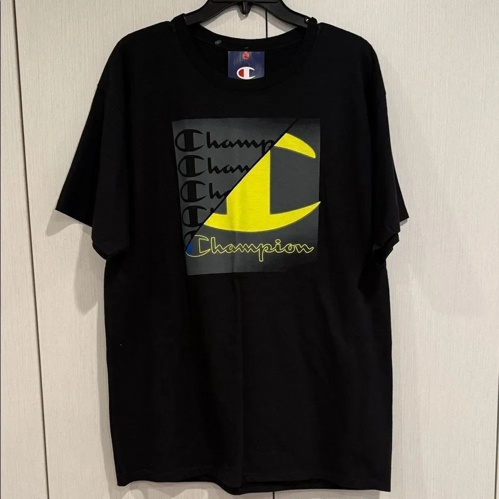 Champion Black Tee with Yellow and Blue Graphic